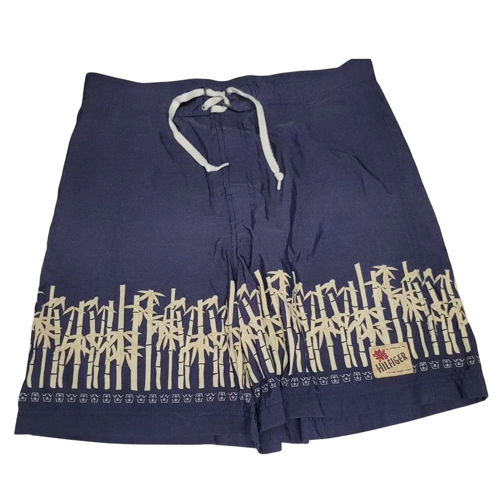 Tommy Hilfiger Mens Blue Bamboo Print‎ Swim Shorts Trunks Large Board Shorts